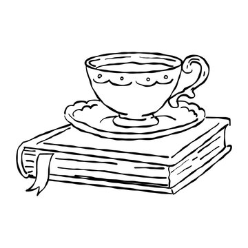 Vintage Tea Cup Resting On Closed Book Cozy Reading Aesthetic Romantic Book Lover Tea Time Line Art Illustration