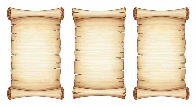 Watercolor parchment scroll, hand drawn manuscript papyrus paper, magic medieval vintage sheet roll. Empty antique game menu banner, document grunge torn edge, ancient pirate map. Parchment scroll set