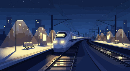 Pixel Art High-Speed Train Arriving at Station at Night with City Lights © Udin