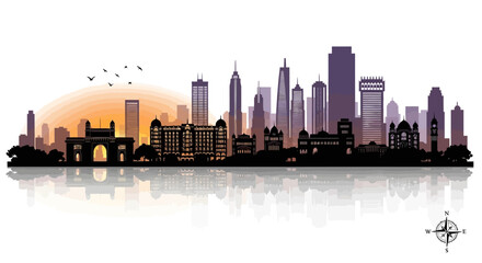 Obraz premium Mumbai skyline silhouette vector. Detailed black cityscape panorama isolated on white. Indian city architecture, Gateway of India, modern buildings and travel tourism concept