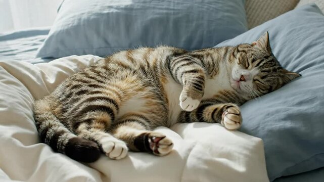 Cute tabby cat peacefully sleeping on a bed, resting on pillows in a cozy bedroom setting