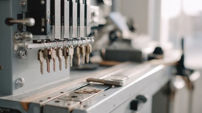 Metal key blanks under cutting head, precision milling on blanks, clamps and templates visible, cutting debris, gauge calibration marks, locksmith workshop atmosphere, closeup tooling, security