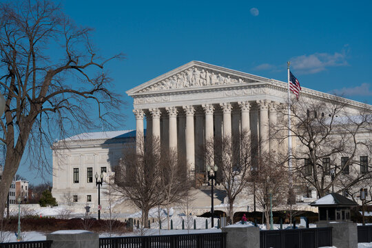 Supreme Court landmark of law authority. US law justice system in United States. USA judicial branch institution. American constitution symbol.