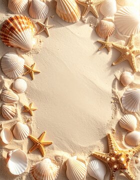 Fine sand texture with seashells and starfish arranged along edges forming a beach frame.
Large centered copy space with a clean and minimal composition.
