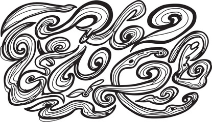 Fototapeta premium Abstract swirl line art vector, hand drawn psychedelic wave pattern, black and white organic flowing curves, decorative doodle illustration