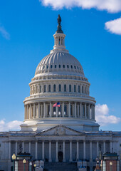 Obraz premium Capitol dome architecture Washington DC. Capitol government building United States Congress. Capitol Hill federal monument USA democracy. Capitol iconic landmark sky clouds.