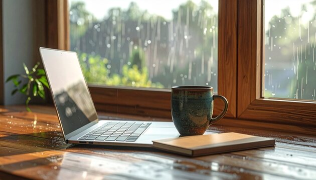 Cozy home office setup with a laptop and coffee on a rainy day, perfect for a relaxing work session