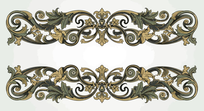 Two ornate, symmetrical baroque scroll borders in muted gold and green hues