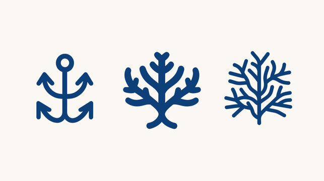 Three minimalist nautical and botanical icons in a navy blue, set on a cream-colored background