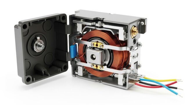Precision-engineered stepper motor with exposed internal components, showcasing intricate copper windings and electrical connections on a pristine white background.