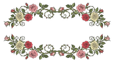 Two ornate rose vine borders with red, pink, and cream flowers © Sendal