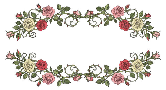 Two ornate rose vine borders with red, pink, and cream flowers