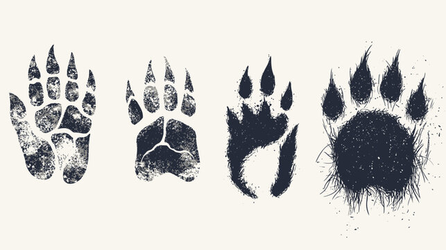 Artistic depiction of four stylized bear paw prints with distressed textures on an off-white background