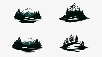 Obraz premium Four stylized landscape illustrations feature mountains, trees, and water in a monochrome palette