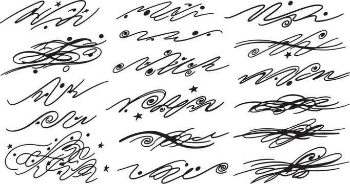 Abstract calligraphy flourishes and hand drawn ink swirls, set of 15 decorative script ornaments, black line art filigree for elegant wedding stationery