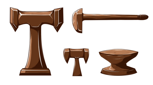 Digitally created illustration of a blacksmithing scene. Includes hammers, anvil, and metal objects