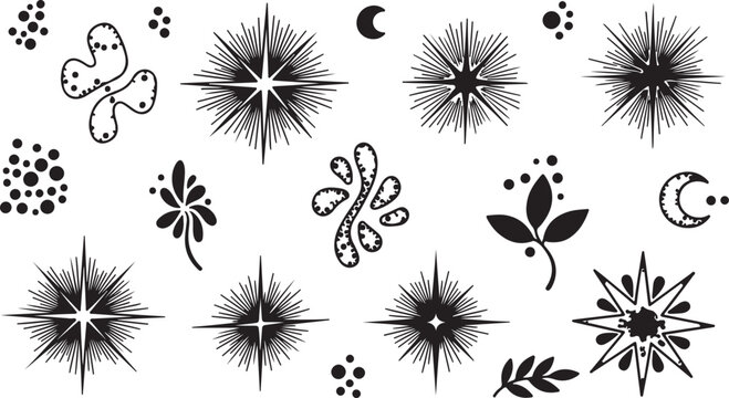 Celestial starburst and mystical sunburst vector set, hand drawn magic sparkles and moon icons, black ink celestial elements for tattoo and logo design
