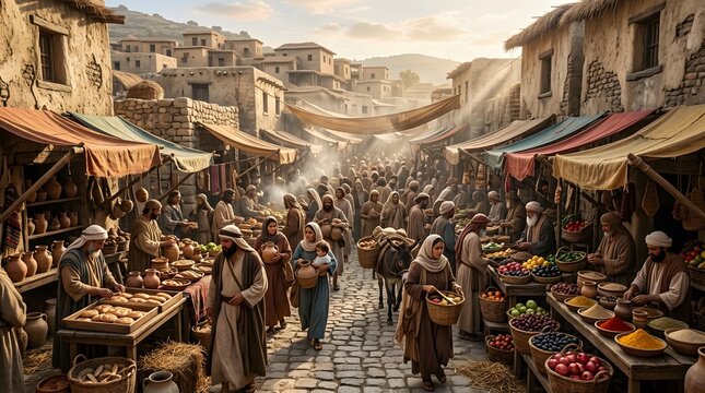 A vibrant, bustling ancient marketplace scene, teeming with people engaged in trade, set amidst historical stone buildings under a sunlit sky