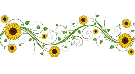 Whimsical sunflower floral border with curling green vines and leaves © Sendal