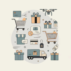 Fototapeta premium Comprehensive vector graphic illustrating the modern process of online shopping, delivery, and digital transactions.