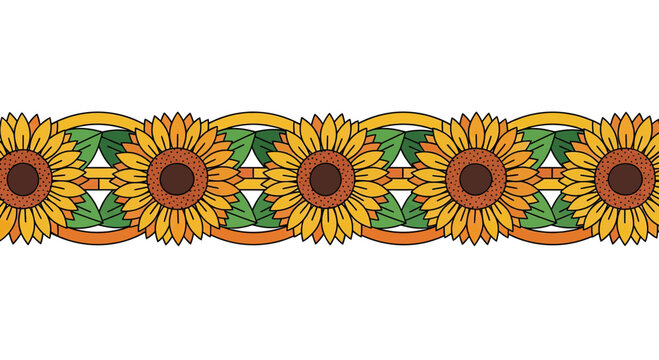 Decorative border of stylized sunflowers with leaves and abstract orange and yellow shapes