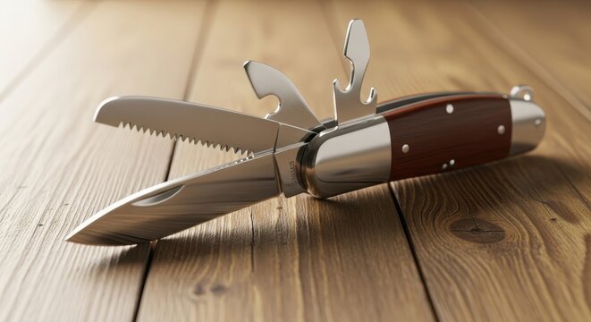 Multifunctional Pocket Knife with Various Tools Open on a Wooden Surface.