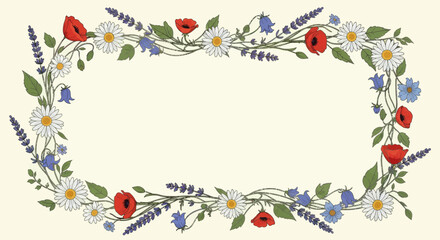 Fototapeta premium Delicate oval frame of wildflowers daisies, poppies, bellflowers, and lavender