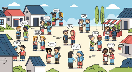 Fototapeta premium Diverse Community Interactions: People Connecting and Communicating in a Lively Neighborhood