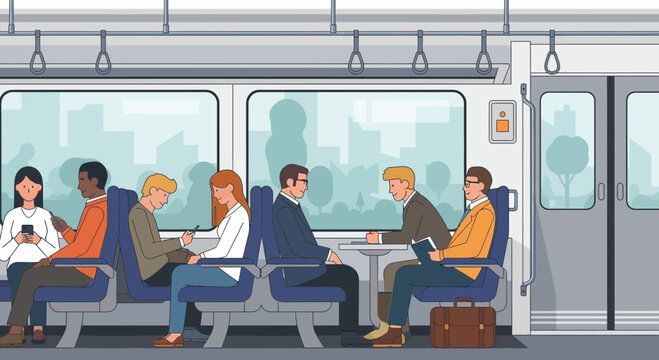 Diverse commuters traveling by train, seated passengers, urban public transport illustration