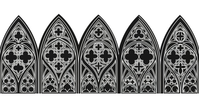 Five detailed gothic arch tracery designs with quatrefoil and trefoil motifs