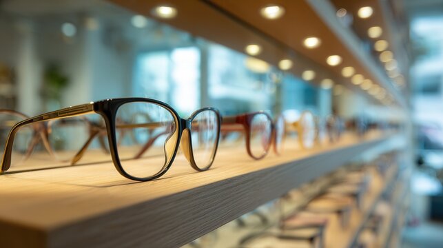 Display of glasses with lighting. Assortment of spectacle frames illuminated in retail setting. Collection of glasses and frames staged with lighting on wooden fixtures in boutique store