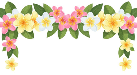 Floral border of plumeria flowers in pink, yellow, and white with green leaves © Sendal