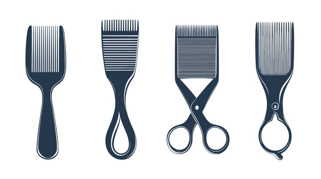 Stylized illustrations of four barbering tools arranged horizontally against a white background