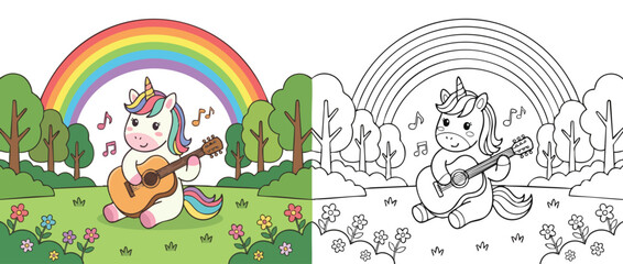 Obraz premium Cute Cartoon Unicorn Playing Guitar with Musical Notes and Rainbow.