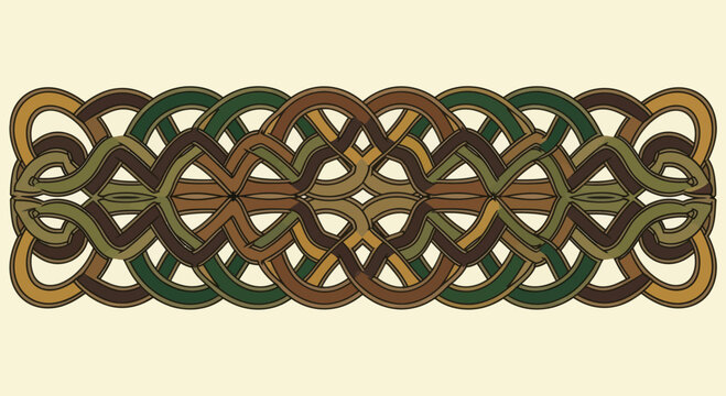 A detailed, intricate, earthy-toned interwoven knotwork design