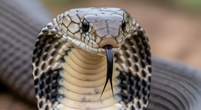 Close up of a king cobra snake with its tongue flicking