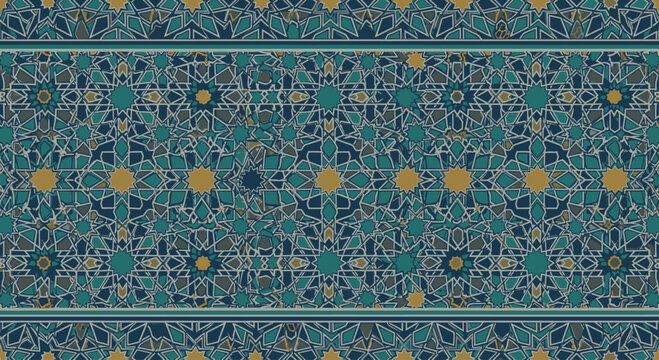 Intricate geometric pattern with teal, gold, and gray starbursts on a blue background