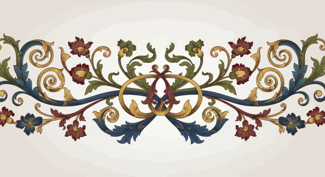 Ornate golden, blue, and red floral border with swirling acanthus leaves