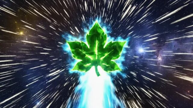 Abstract illustration of a vibrant green leaf soaring through a cosmic galaxy with blue aura and light beams