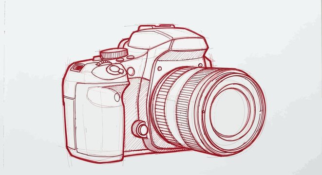 Red line sketch of a digital camera with a lens on white background