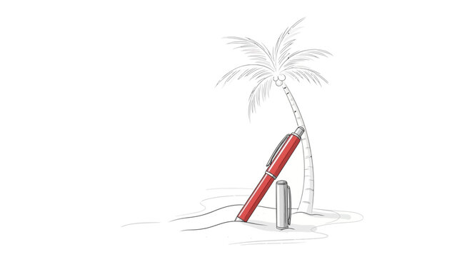 Red fount.ain pen leaning ag.ainst a sketched palm tree on a sandy beach, white background.