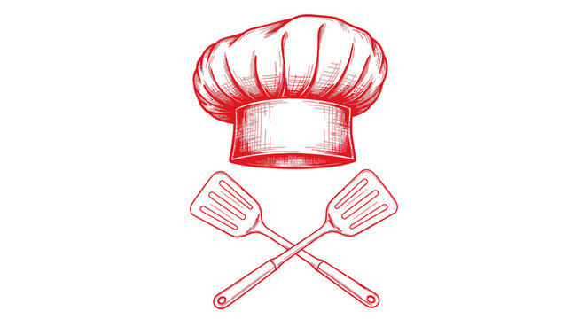 Vintage red sketch of a chef hat with crossed spatulas.