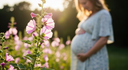 Fototapeta premium Pregnant woman holding her belly in a sunlit flower field at sunset.
