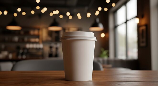 A white disposable coffee cup on a wooden table in a cozy cafe with string lights