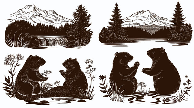 Black and white illustration of landscapes with mountains, waterfall, trees, and groundhogs