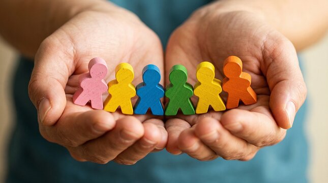 Human Connection: A symbol of unity and harmony, hands cradle a diverse group of wooden figures, signifying inclusivity, empathy, and social support. 