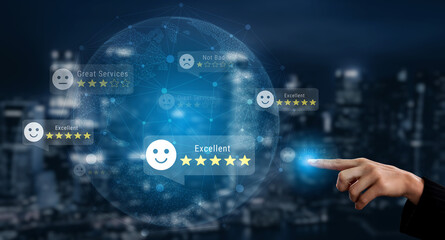 Fototapeta premium Customer satisfaction feedback levels with five-star ratings, representing positive and negative reviews, reflecting trust, reliability, and service evaluation Parse