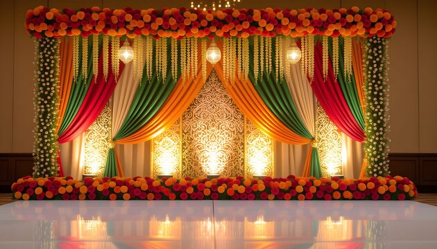 Cultural floral indian wedding stage decoration with traditional colors