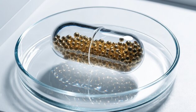 A transparent capsule filled with golden beads rests in a petri dish
