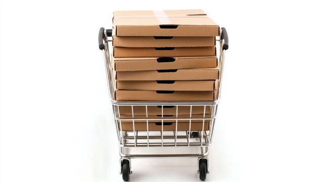 Shopping cart filled with stacked cardboard pizza boxes, isolated on white background